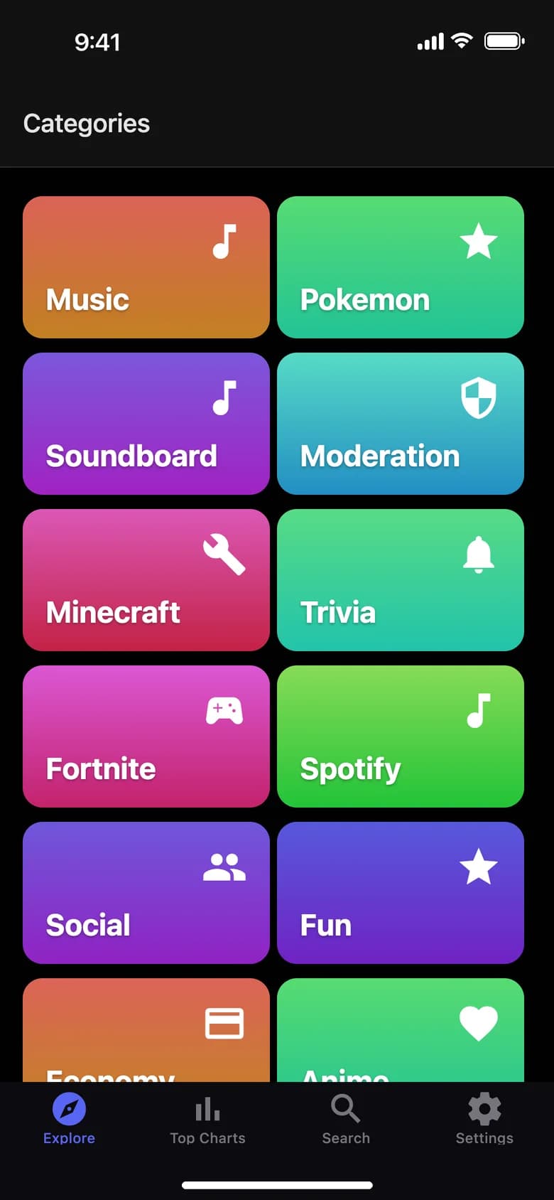 Categories screen with music, moderation, economy and more