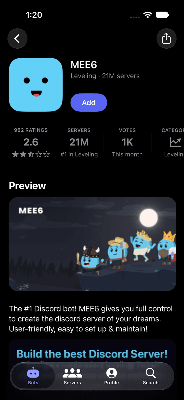 A bot's page with its rating, server count and votes
