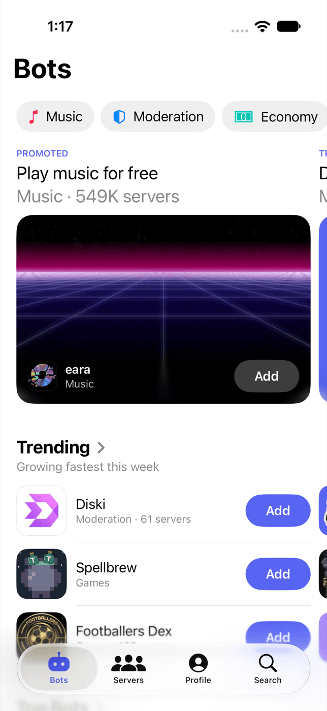 The Bots tab, with featured and trending bots