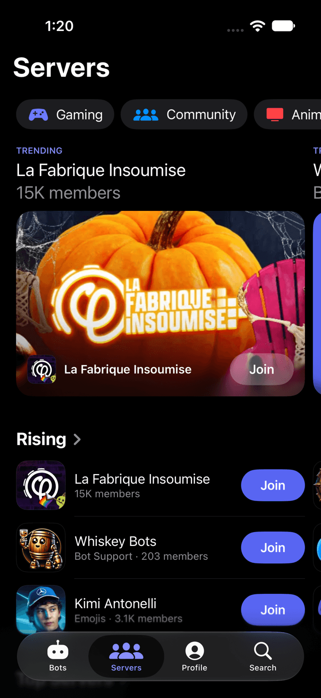 The Servers tab with featured and trending servers
